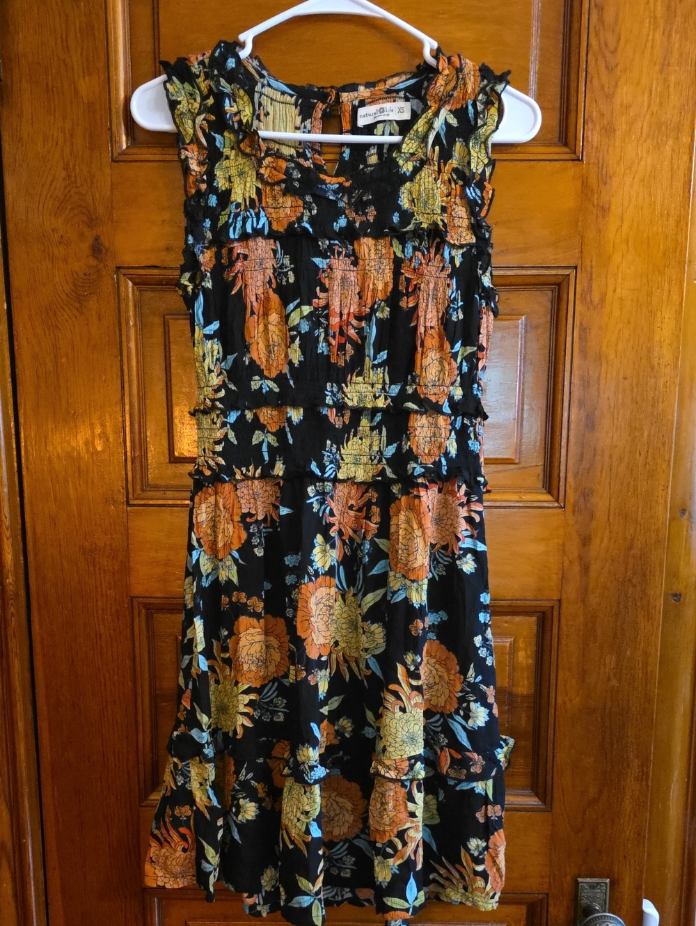 NATURAL LIFE Black Floral Tiered Sleeveless Dress W/ Orange & Yellow NWOT